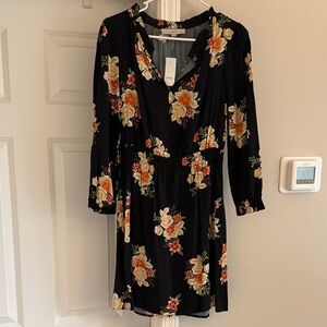 NWT Loft floral black long sleeve cinch waisted dress